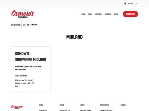 Screenshot of the Osmow's Shawarma homepage at locations.osmows.com/ca/on/midland, captured 2026-08-19, shown as the evidence for the review on this page