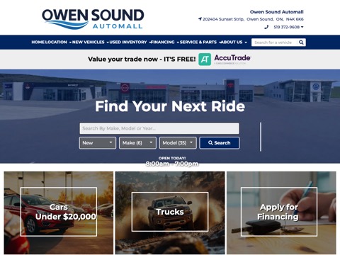 Screenshot of the Owen Sound Automall homepage, www.owensoundautomall.ca/?utm_source=gmb&utm_medium=organic, captured 2026-08-19, shown as the evidence for this review