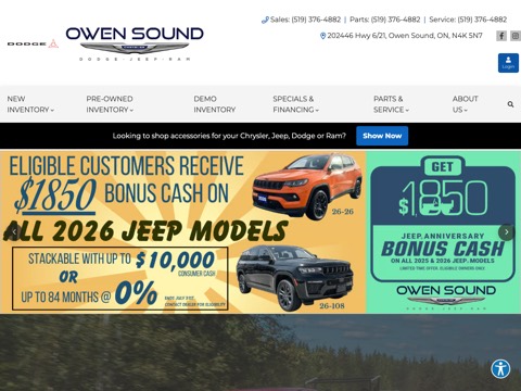 Screenshot of the Owen Sound Chrysler Dodge Jeep Ram homepage, www.owensoundchrysler.com, captured 2026-08-19, shown as the evidence for this review