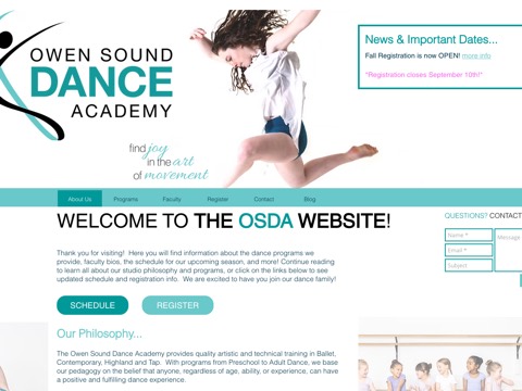 Screenshot of the Owen Sound Dance Academy website