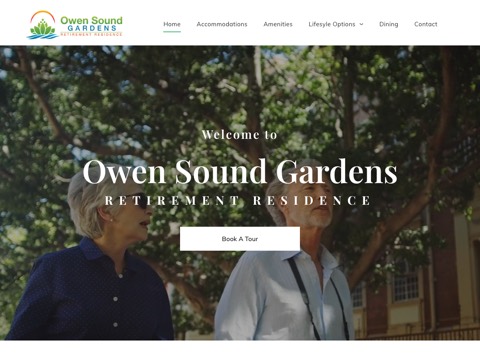 Screenshot of the Owen Sound Gardens Retirement Residence homepage at www.owensoundgardens.com, captured 2026-08-19, shown as the evidence for the review on this page