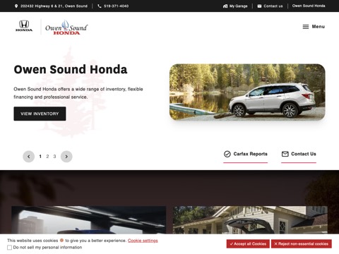 Screenshot of the Owen Sound Honda (Auto, Car, Truck, SUV) homepage, owensoundhonda.on.ca, captured 2026-08-19, shown as the evidence for this review
