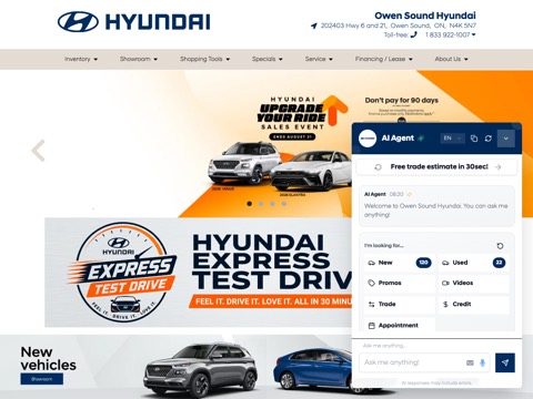 Screenshot of the Owen Sound Hyundai homepage, www.owensoundhyundai.com/?utm_source=GBP&utm_medium=click&utm_campaign=gbp_seo&utm_id=gbp+seo, captured 2026-08-19, shown as the evidence for this review