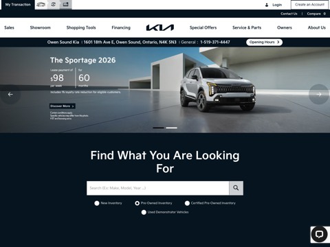 Screenshot of the Owen Sound Kia homepage, www.kiaowensound.ca/en, captured 2026-08-19, shown as the evidence for this review