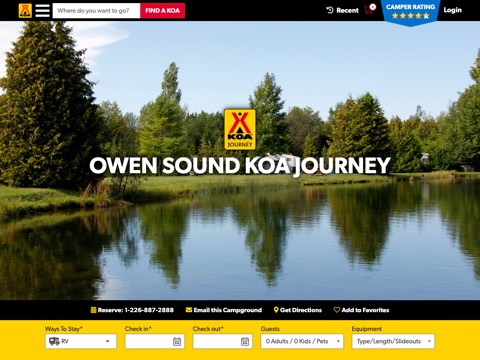 Screenshot of the Owen Sound KOA Journey homepage, koa.com/campgrounds/owen-sound/?utm_source=google&utm_medium=organic&utm_campaign=gbp, captured 2026-08-19, shown as the evidence for this review