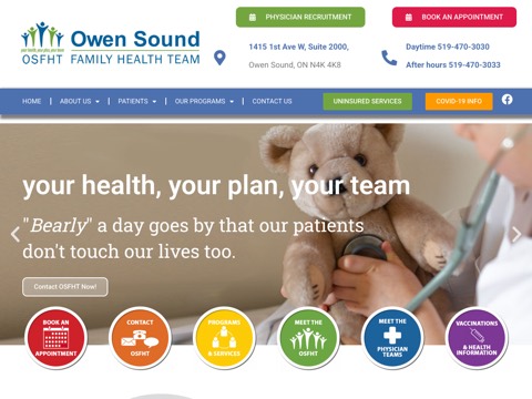 Screenshot of the Owen Sound Medical Centre homepage at osfht.com, captured 2026-08-19, shown as the evidence for the review on this page