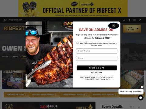 Screenshot of the Owen Sound Ribfest homepage at ribfestx.com/event/owen-sound-ribfest-2026/?rd=owensound, captured 2026-08-13, shown as the evidence for the review on this page
