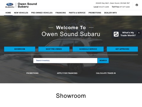 Screenshot of the Owen Sound Subaru homepage at www.owensoundsubaru.com, captured 2026-08-19, shown as the evidence for the review on this page