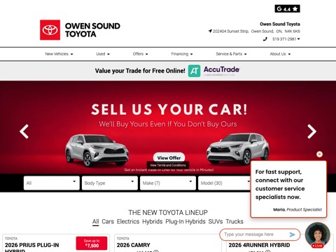 Screenshot of the Owen Sound Toyota homepage, www.owensoundtoyota.ca, captured 2026-08-19, shown as the evidence for this review