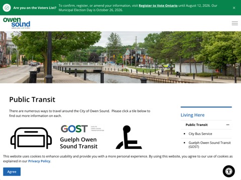 Screenshot of the Owen Sound Transit Terminal homepage at www.owensound.ca/living-here/public-transit, captured 2026-08-13, shown as the evidence for the review on this page