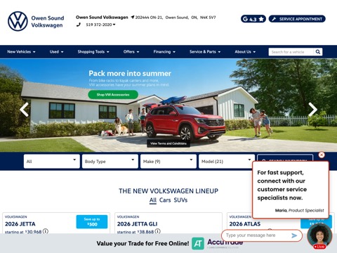 Screenshot of the Owen Sound Volkswagen homepage, www.owensoundvw.ca, captured 2026-08-19, shown as the evidence for this review