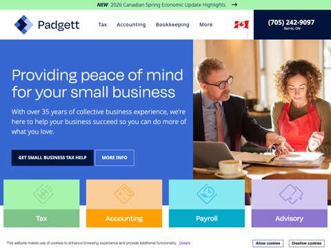 Screenshot of the Padgett Business Services of Barrie homepage, barrie.smallbizpros.ca, captured 2026-08-19, shown as the evidence for this review