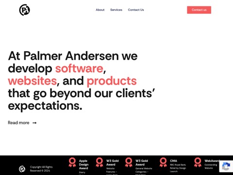 Screenshot of the Palmer Andersen homepage, palmerandersen.com, captured 2026-08-19, shown as the evidence for this review