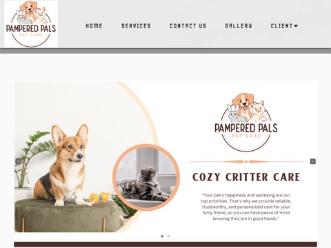 Screenshot of the Pampered Pals Pet Care homepage at pamperedpalspetcare.com, captured 2026-08-19, shown as the evidence for the review on this page