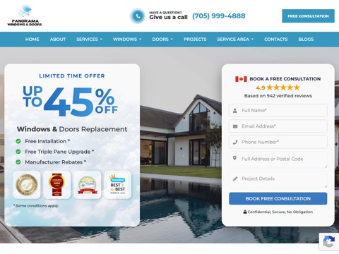 Screenshot of the Panorama Windows and Doors Barrie website