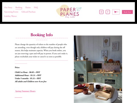 Screenshot of the Paper Planes Play Cafe homepage, www.paperplanesplaycafe.com, captured 2026-08-19, shown as the evidence for this review