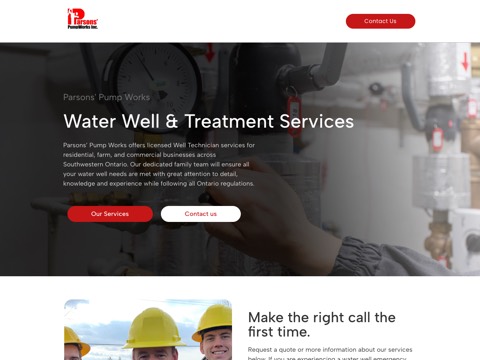 Screenshot of the Parsons' Pump Works Inc homepage, parsonspumpworks.ca, captured 2026-08-13, shown as the evidence for this review