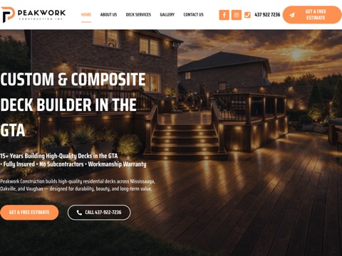 Screenshot of the Peakwork Construction Inc. website