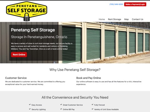 Screenshot of the Penetang Self Storage homepage, www.penetangselfstorage.com, captured 2026-08-19, shown as the evidence for this review