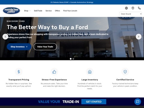 Screenshot of the Peninsula Ford Lincoln homepage, www.peninsulaford.com/?utm_source=google&utm_medium=organic&utm_campaign=gbp, captured 2026-08-19, shown as the evidence for this review