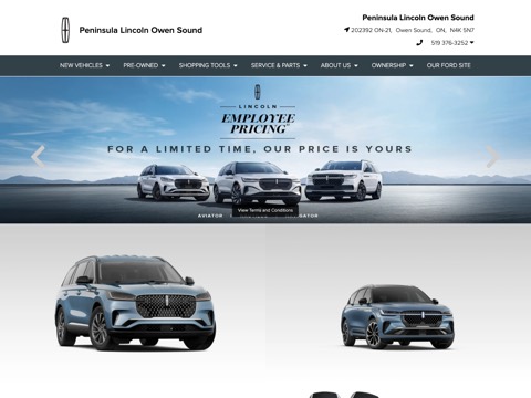 Screenshot of the Peninsula Lincoln homepage at www.peninsulalincolnowensound.com, captured 2026-08-19, shown as the evidence for the review on this page