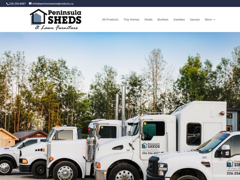 Screenshot of the Peninsula sheds and lawn furniture homepage at peninsulawoodproducts.ca, captured 2026-08-19, shown as the evidence for the review on this page