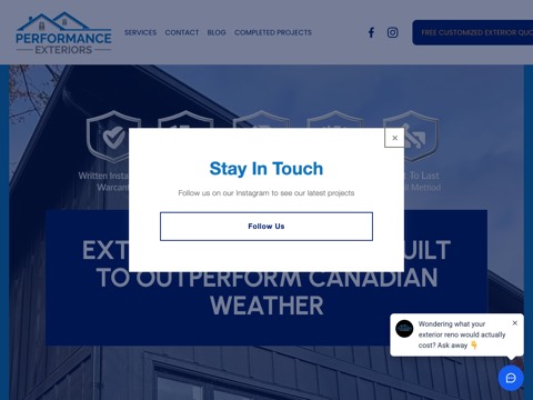 Screenshot of the Performance Exteriors website