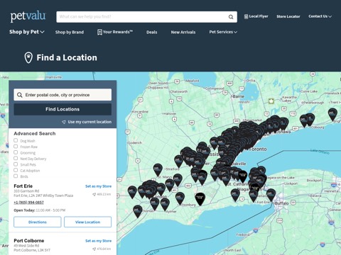 Screenshot of the Pet Valu website