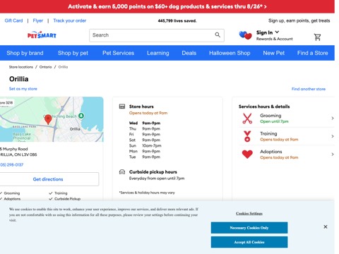 Screenshot of the PetSmart homepage, www.petsmart.ca/stores/ca/on/orillia-store3218.html?utm_source=google&utm_medium=organic&utm_campaign=google-my-business, captured 2026-08-19, shown as the evidence for this review