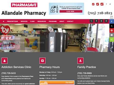 Screenshot of the Pharmasave Allandale homepage, www.pharmasaveallandale.com, captured 2026-08-19, shown as the evidence for this review