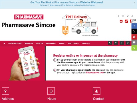 Screenshot of the Pharmasave Simcoe homepage, pharmasavesimcoe.com, captured 2026-08-19, shown as the evidence for this review