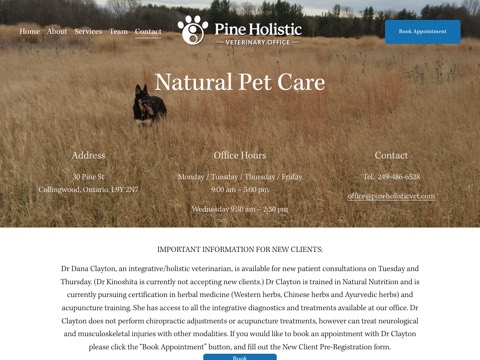 Screenshot of the Pine Holistic Veterinary Office website