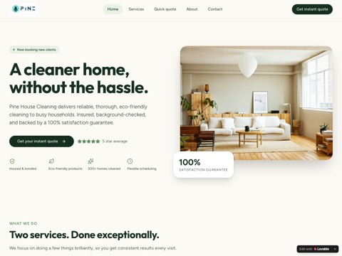 Screenshot of the Pine House Cleaning Services Barrie homepage, pinehousecleaningservices.com, captured 2026-08-19, shown as the evidence for this review