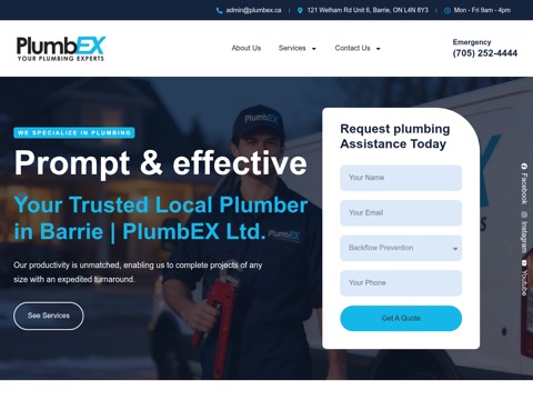 Screenshot of the PlumbEX Ltd. homepage, plumbex.ca, captured 2026-08-19, shown as the evidence for this review