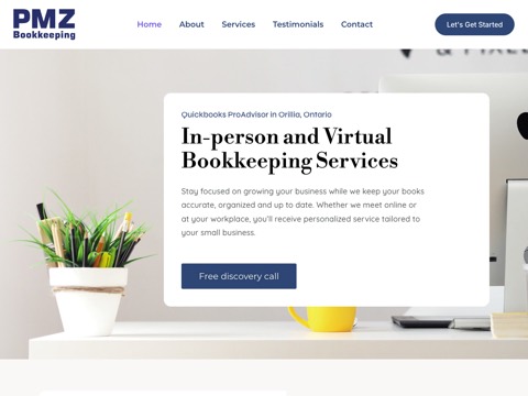 Screenshot of the PMZ Bookkeeping Services homepage, pmzbookkeeping.ca/?utm_source=GBP&utm_medium=referrel&utm_campaign=profile-main-link, captured 2026-08-19, shown as the evidence for this review