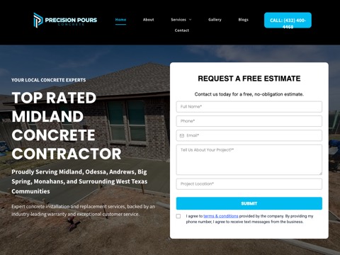 Screenshot of the Precision Pours Concrete homepage, www.precision-pours.com, captured 2026-08-13, shown as the evidence for this review