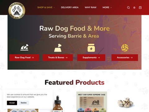 Screenshot of the Prehistoric Raw Dog Food - Barrie homepage, prehistoricraw.com/barrie, captured 2026-08-19, shown as the evidence for this review