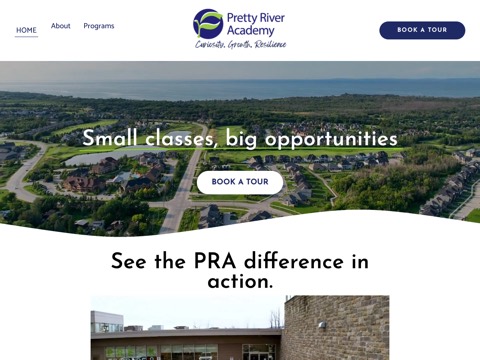 Screenshot of the Pretty River Academy homepage at www.prettyriveracademy.com, captured 2026-08-19, shown as the evidence for the review on this page