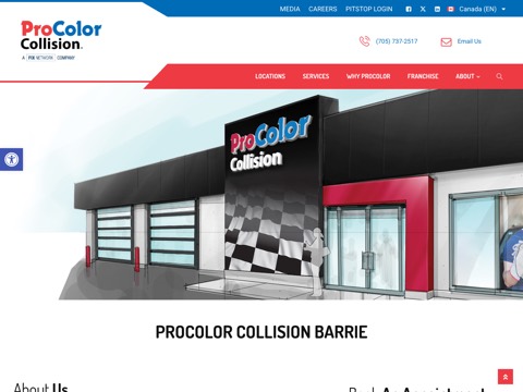 Screenshot of the ProColor Collision Barrie homepage, www.procolor.com/en-ca/shop/barrie, captured 2026-08-19, shown as the evidence for this review