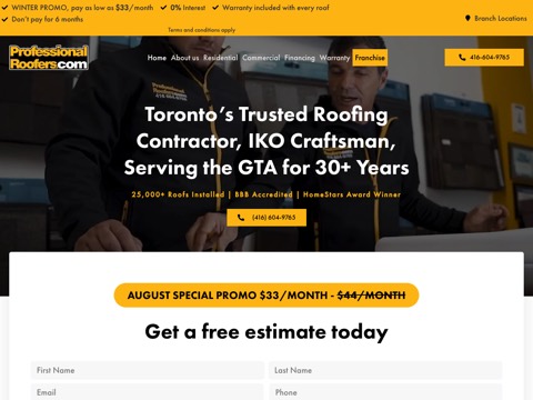 Screenshot of the Professional Roofers. website