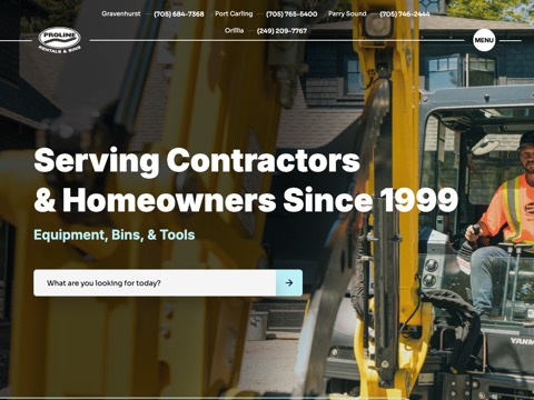 Screenshot of the Proline Rentals & Bins homepage, prolinerentals.ca, captured 2026-08-13, shown as the evidence for this review