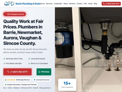 Screenshot of the Quick Plumbing & Drain homepage, qpdplumbing.ca, captured 2026-08-19, shown as the evidence for this review