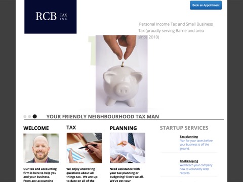 Screenshot of the RCB Tax Inc (formerly R.C. Bookkeeping Service) homepage, www.rcbookkeeping.ca, captured 2026-08-19, shown as the evidence for this review