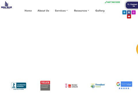 Screenshot of the Real Blue Roofing Services Inc. homepage, www.realblueroofing.ca, captured 2026-08-19, shown as the evidence for this review