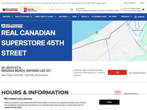 Screenshot of the Real Canadian Superstore 45th Street website