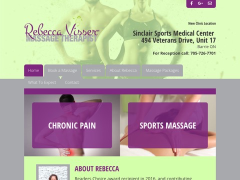 Screenshot of the Rebecca Visser RMT at Sinclair Sports Medical Center homepage, www.rebeccavrmt.com, captured 2026-08-19, shown as the evidence for this review