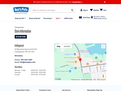 Screenshot of the Ren's Pets homepage, www.renspets.com/stores-collingwood.html?utm_source=G&utm_medium=local&utm_campaign=google-local, captured 2026-08-19, shown as the evidence for this review