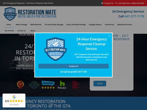 Screenshot of the Restoration Mate Simcoe County homepage, restorationmate.ca, captured 2026-08-19, shown as the evidence for this review