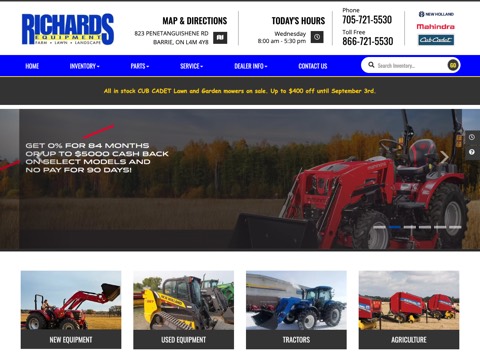 Screenshot of the RICHARDS EQUIPMENT INC. homepage, richardsequipment.com, captured 2026-08-19, shown as the evidence for this review