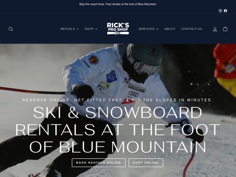 Screenshot of the Rick's Pro Ski Shop homepage at ricksproshop.ca, captured 2026-08-19, shown as the evidence for the review on this page